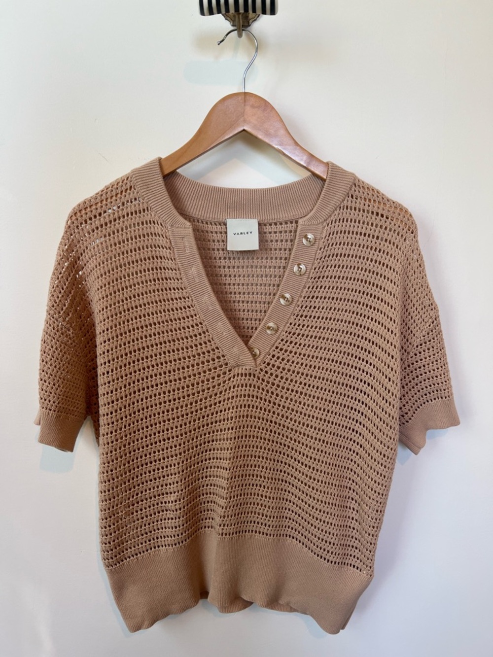 Varley Callie V-Neck Open-Knit Short-Sleeve Top